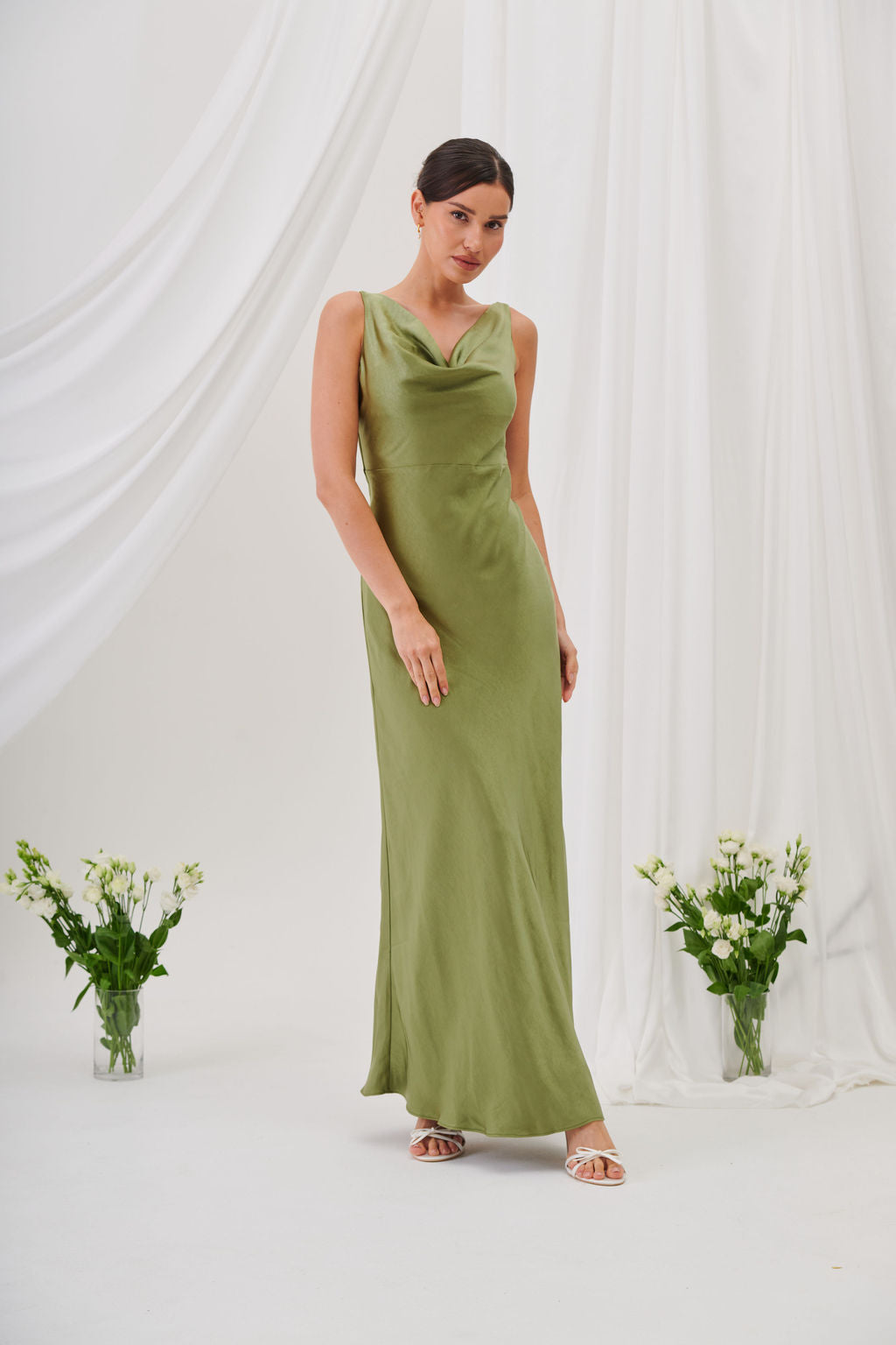 New Rebecca Cowl Neck Satin Maxi Dress – Olive