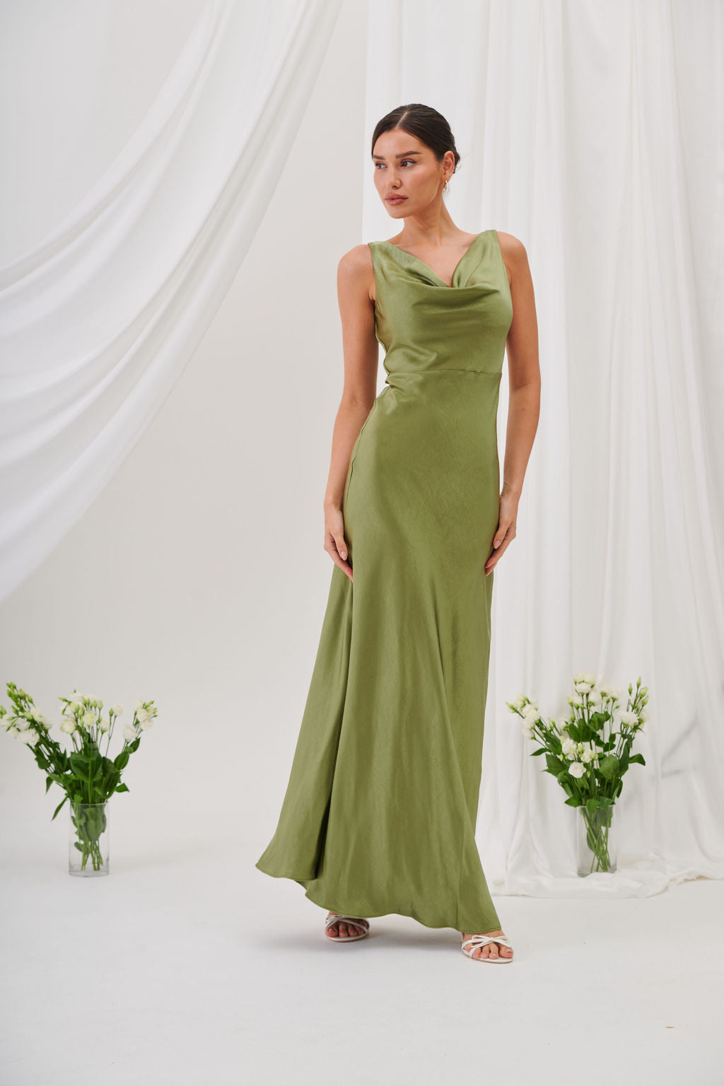 New Rebecca Cowl Neck Satin Maxi Dress – Olive