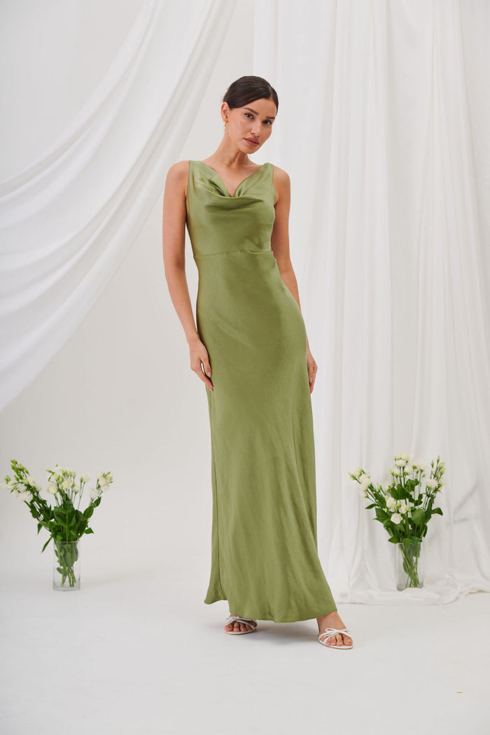 New Rebecca Cowl Neck Satin Maxi Dress – Olive