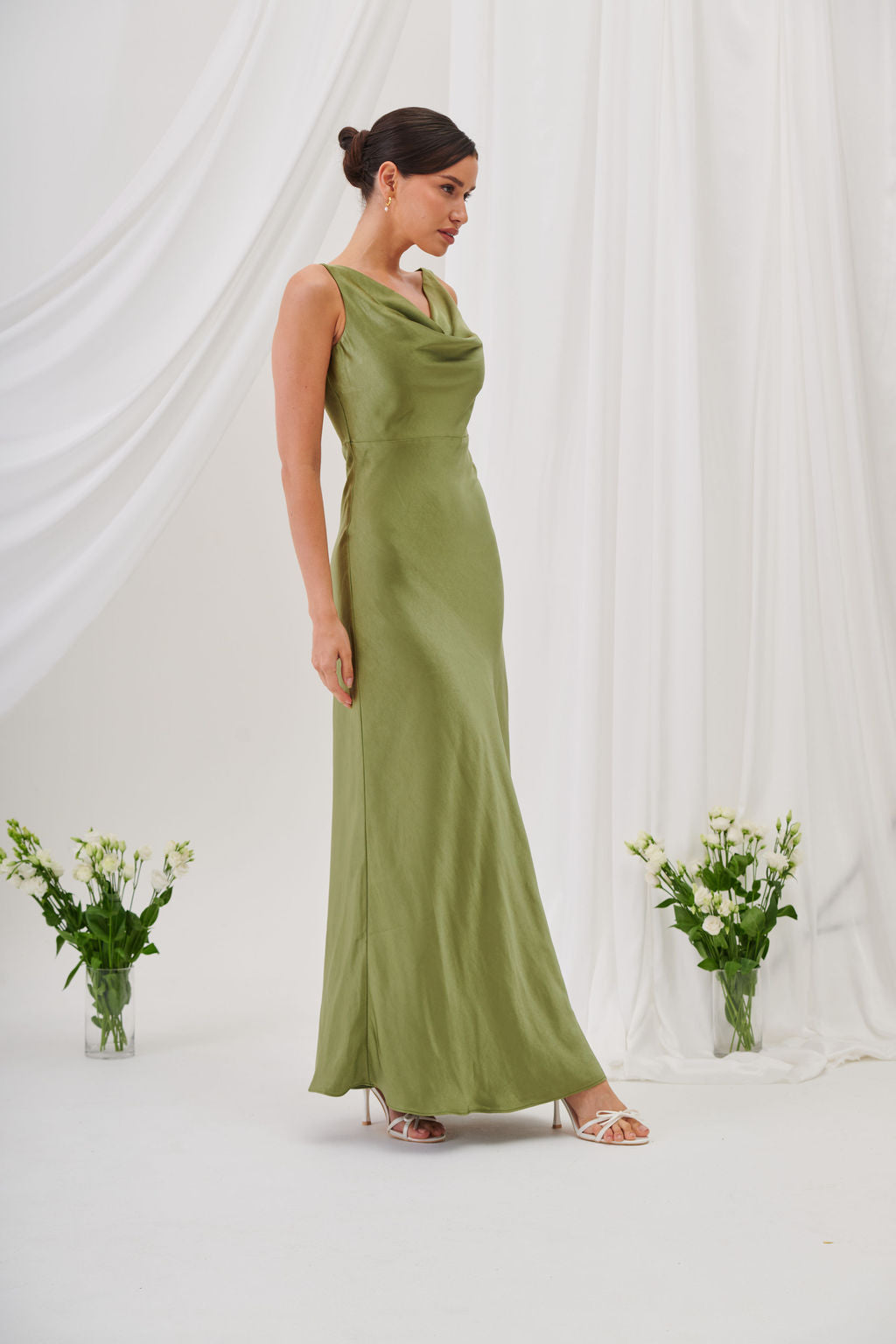 New Rebecca Cowl Neck Satin Maxi Dress – Olive