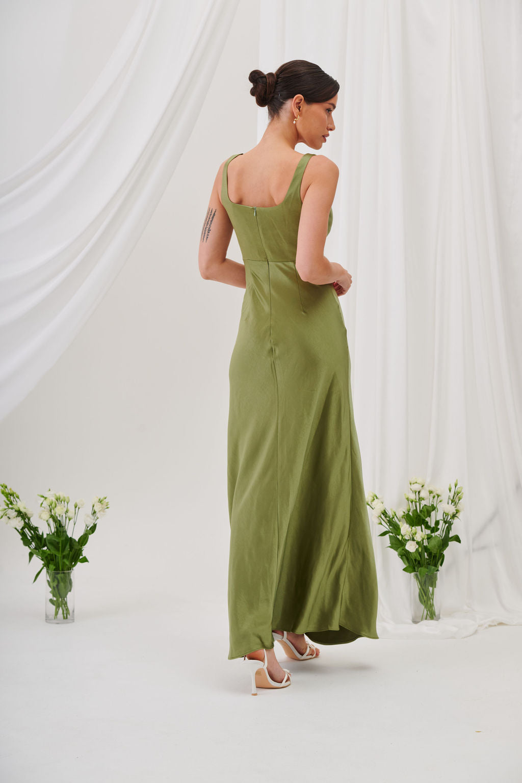 New Rebecca Cowl Neck Satin Maxi Dress – Olive