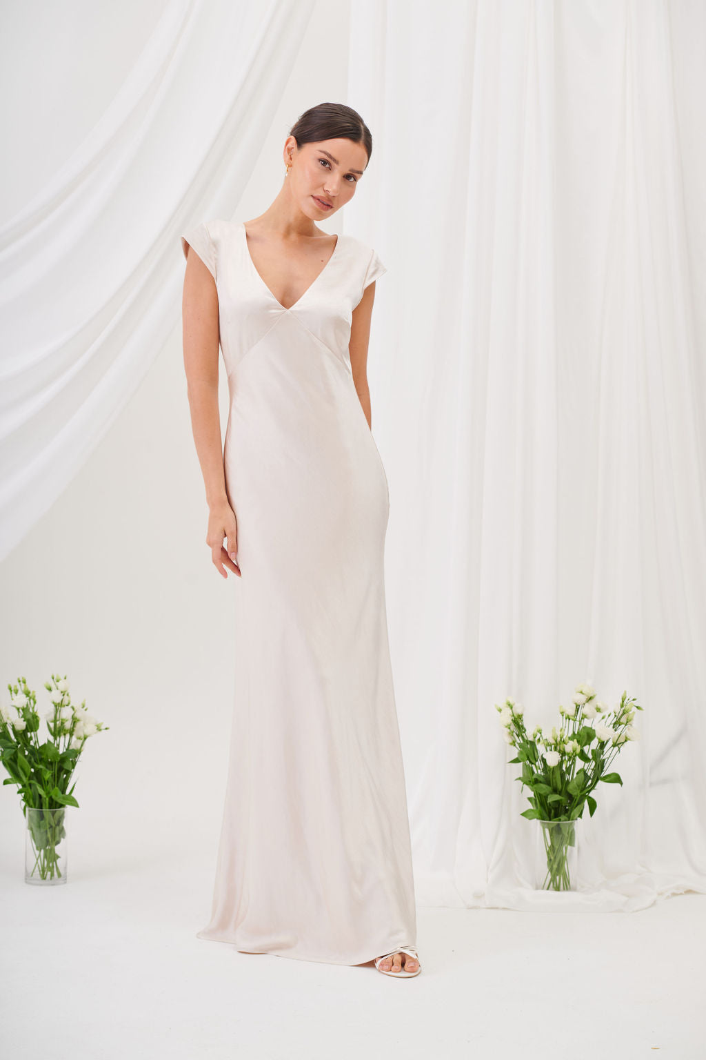 New Bianca Short Sleeve V Neck Maxi Dress -Champagne