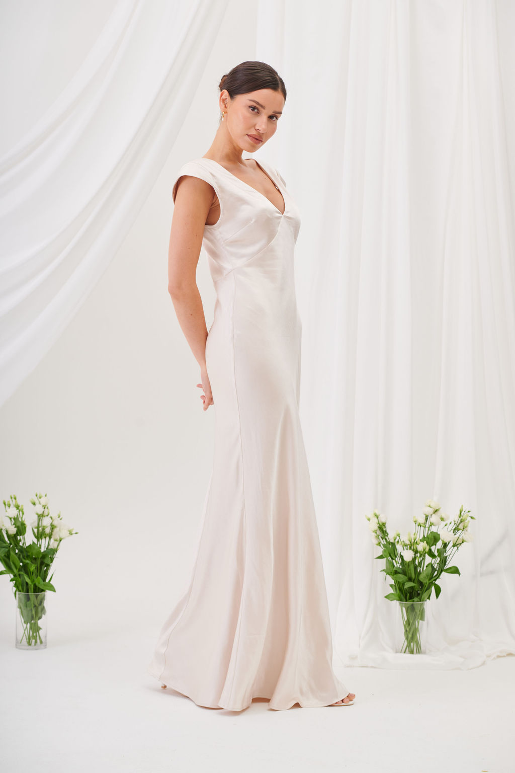 New Bianca Short Sleeve V Neck Maxi Dress -Champagne