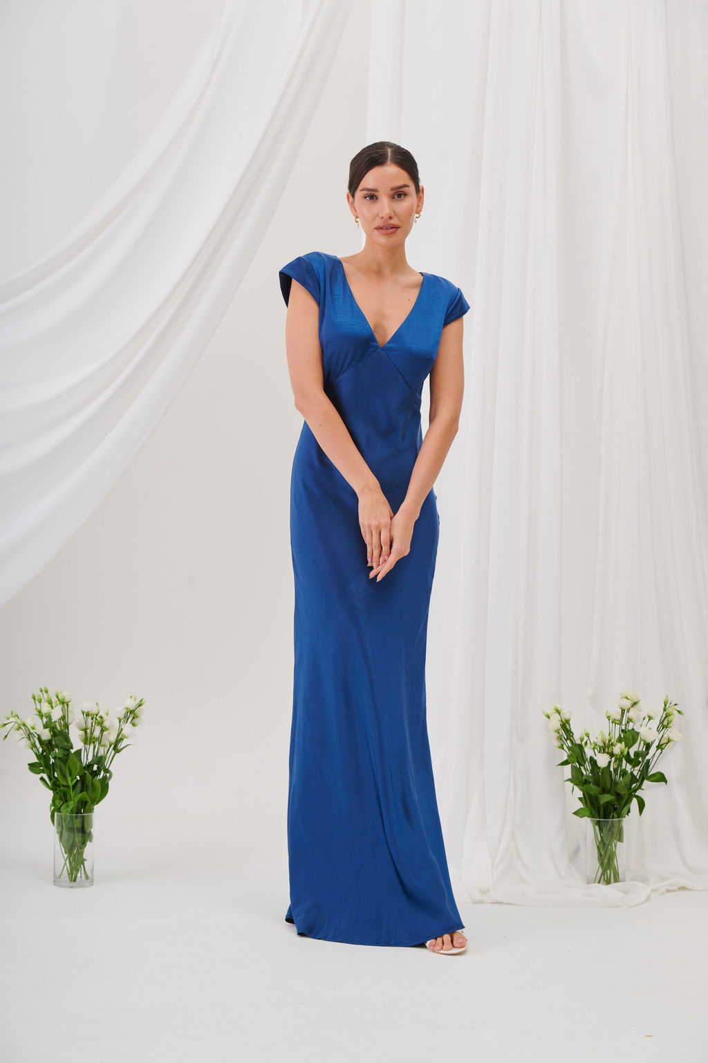 New Bianca Short Sleeve V Neck Maxi Dress -Navy