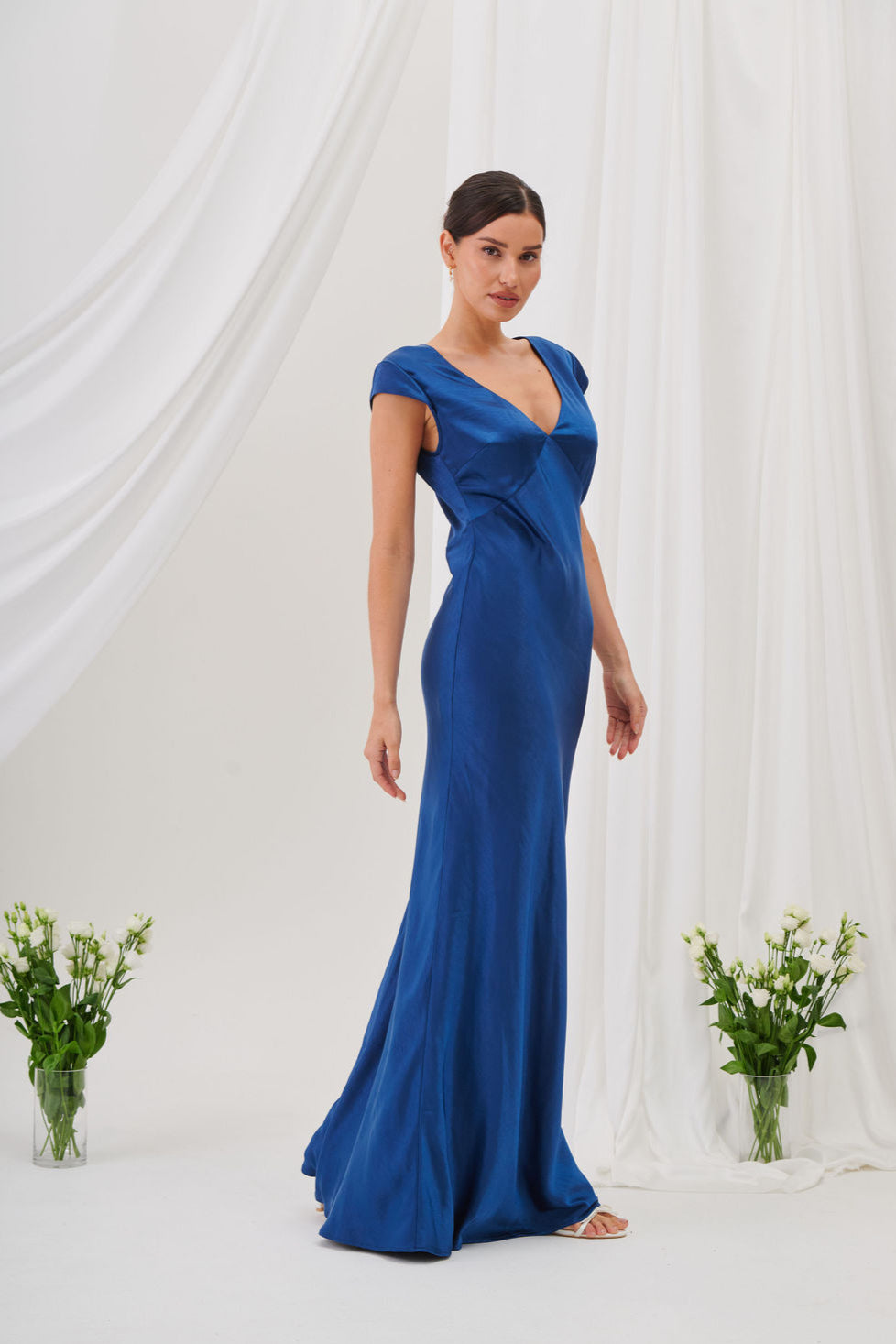 New Bianca Short Sleeve V Neck Maxi Dress -Navy