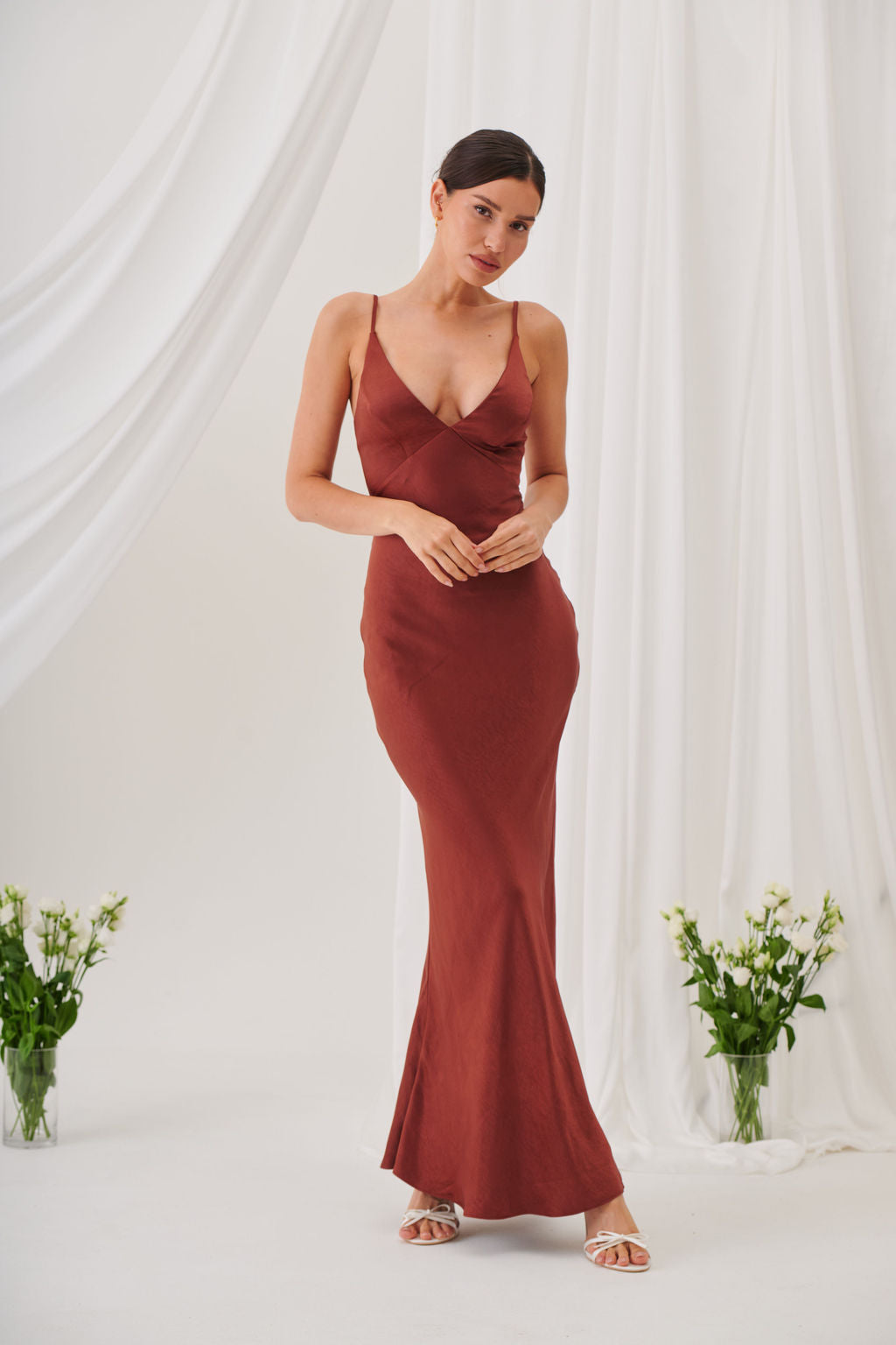 Ada V Neck Slip Maxi Dress -Rust