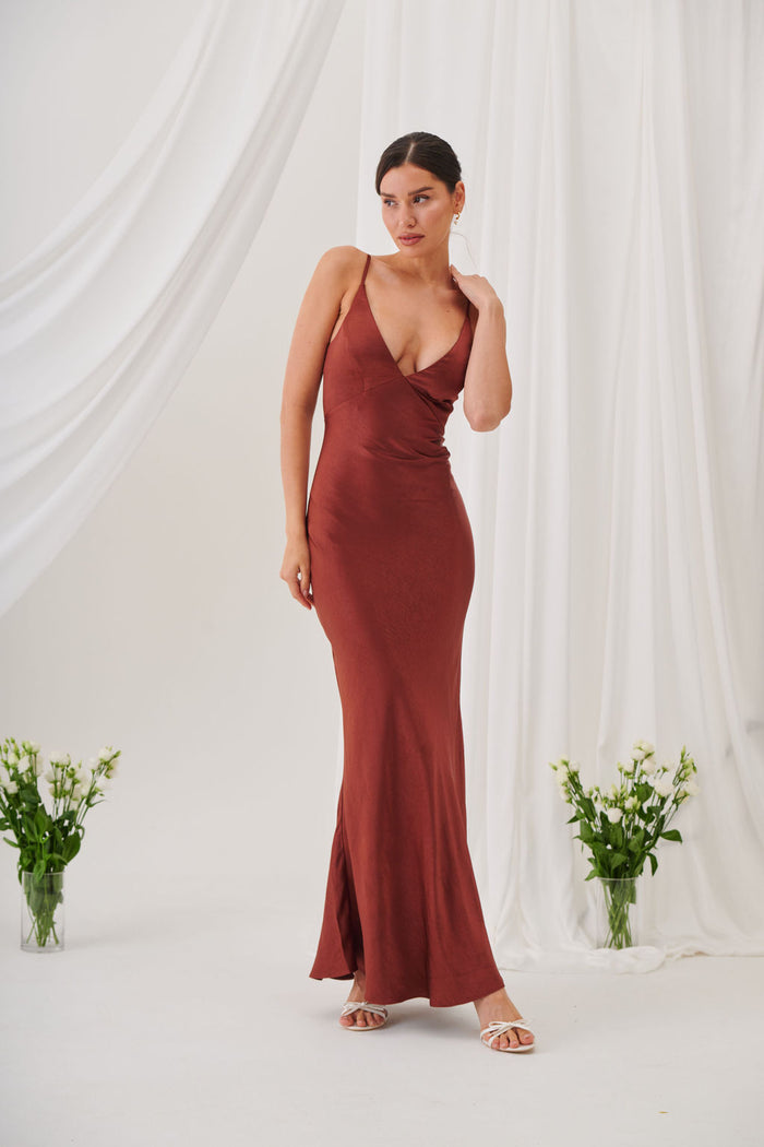 Ada V Neck Slip Maxi Dress -Rust