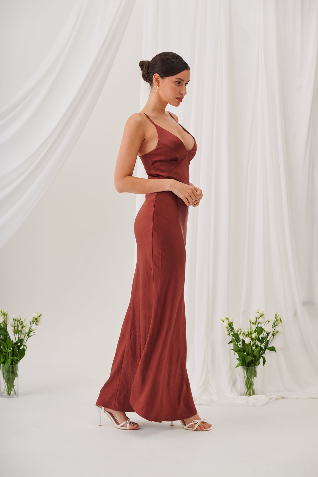 Ada V Neck Slip Maxi Dress -Rust