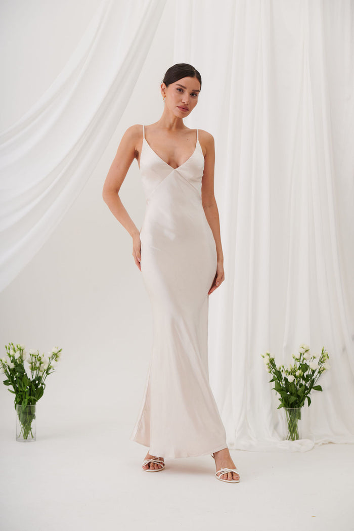 Ada V Neck Slip Maxi Dress -Champagne