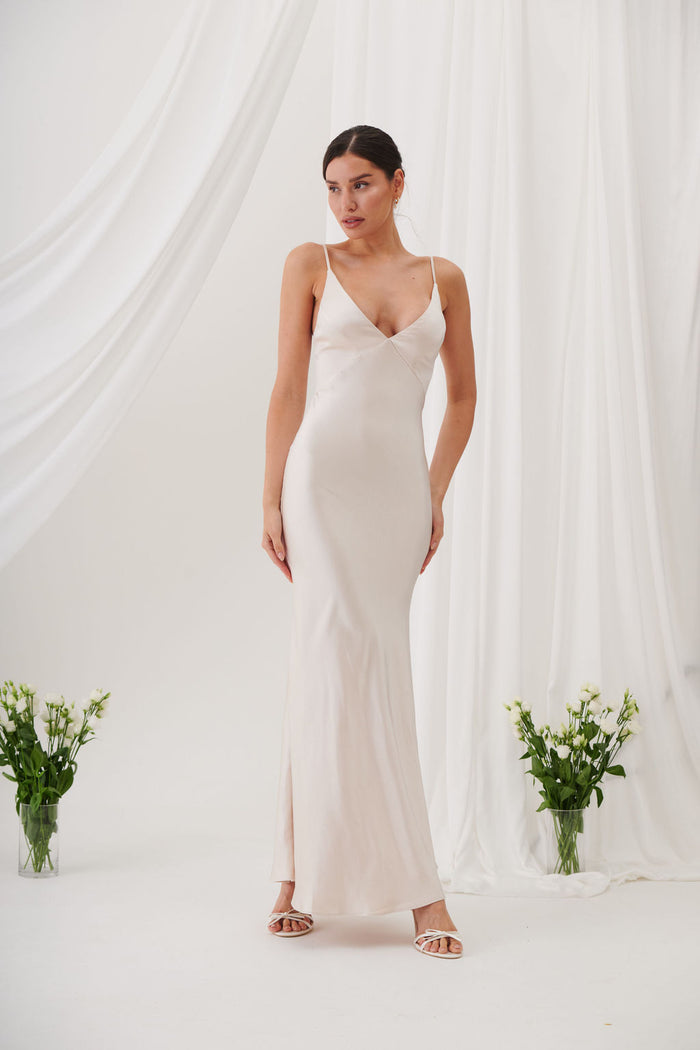 Ada V Neck Slip Maxi Dress -Champagne