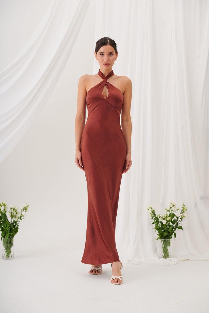 Jessica Halter Neck Keyhole Satin Maxi Dress - Rust