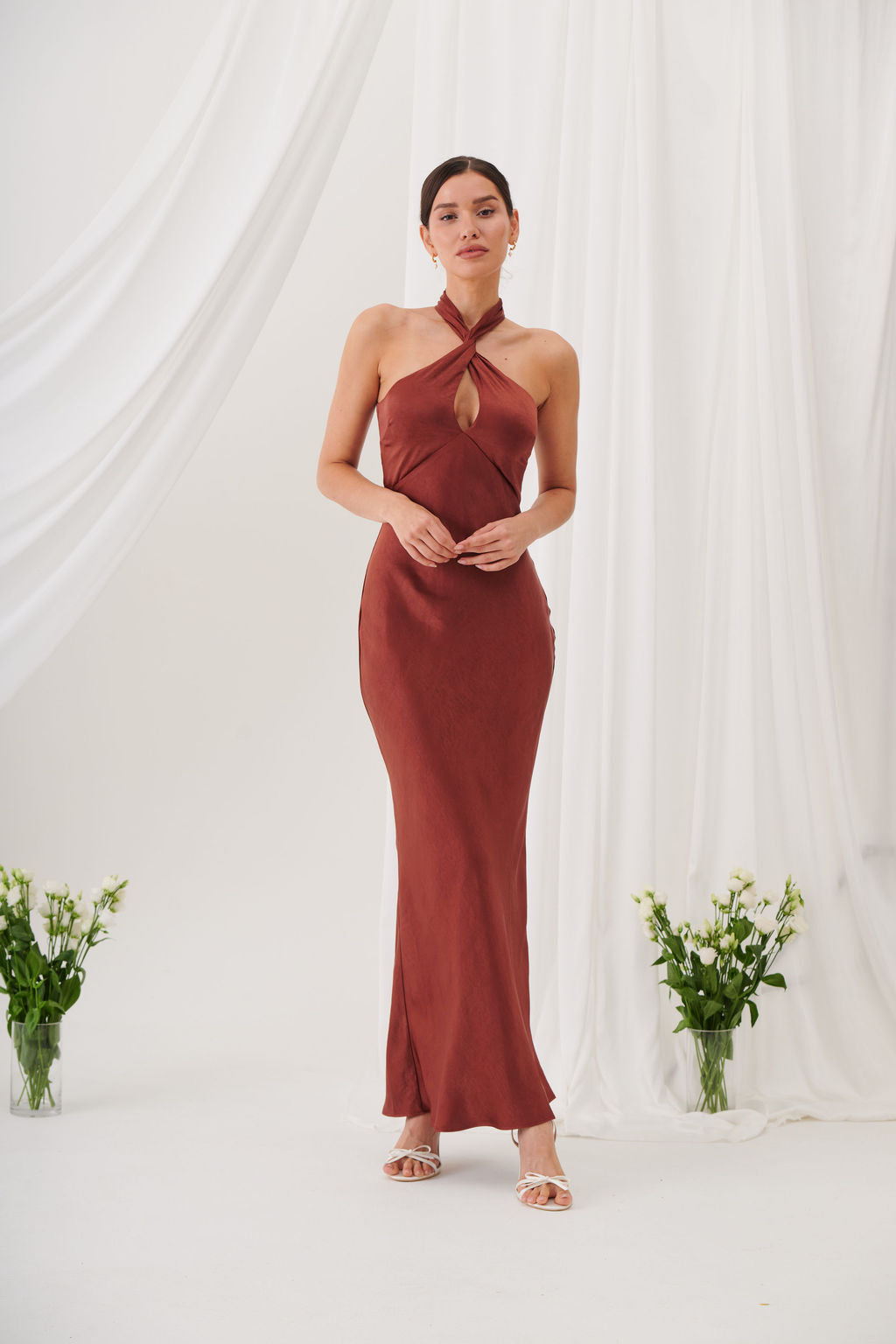 Jessica Halter Neck Keyhole Satin Maxi Dress - Rust