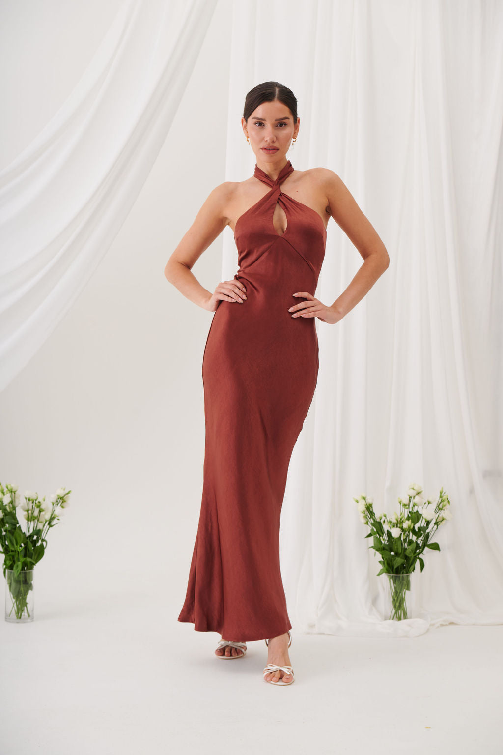 Jessica Halter Neck Keyhole Satin Maxi Dress - Rust