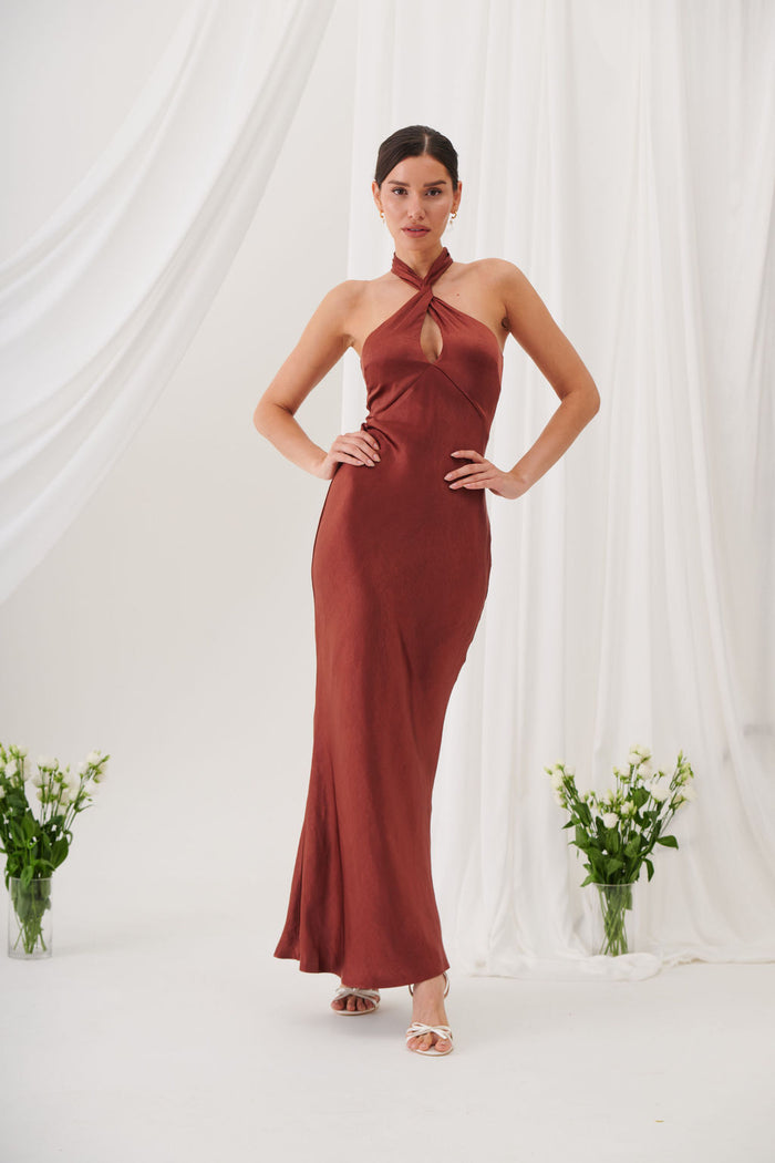 Jessica Halter Neck Keyhole Satin Maxi Dress - Rust