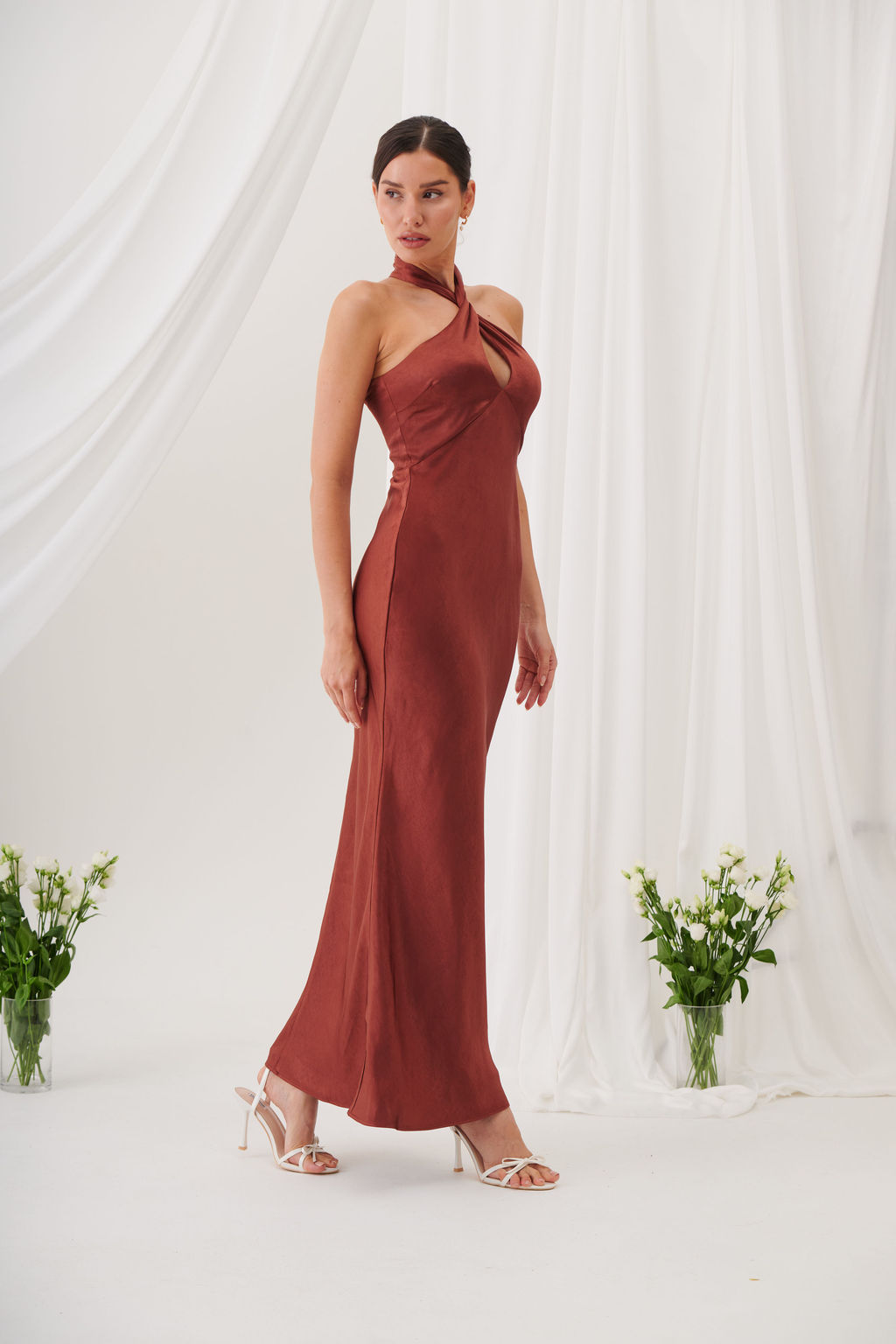Jessica Halter Neck Keyhole Satin Maxi Dress - Rust