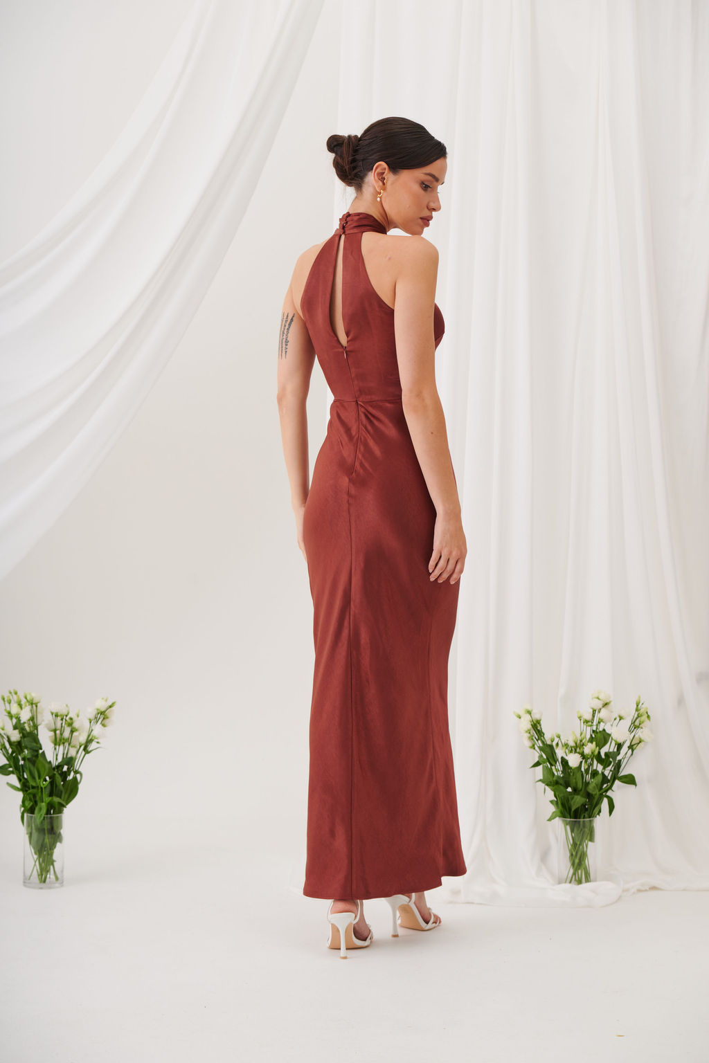 Jessica Halter Neck Keyhole Satin Maxi Dress - Rust