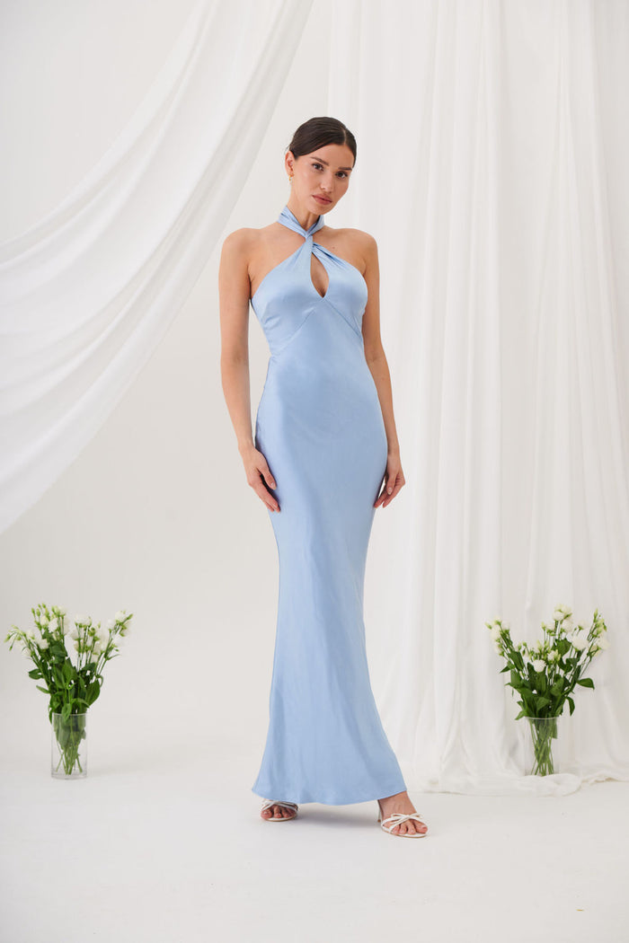 Jessica Halter Neck Keyhole Satin Maxi Dress - Ice Blue