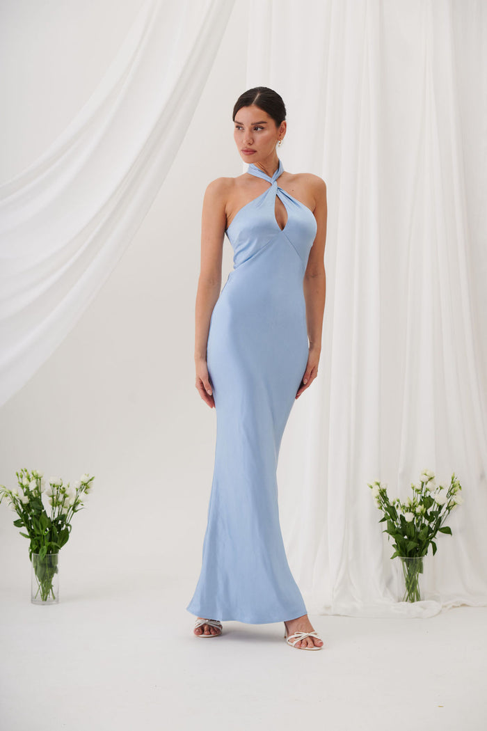Jessica Halter Neck Keyhole Satin Maxi Dress - Ice Blue