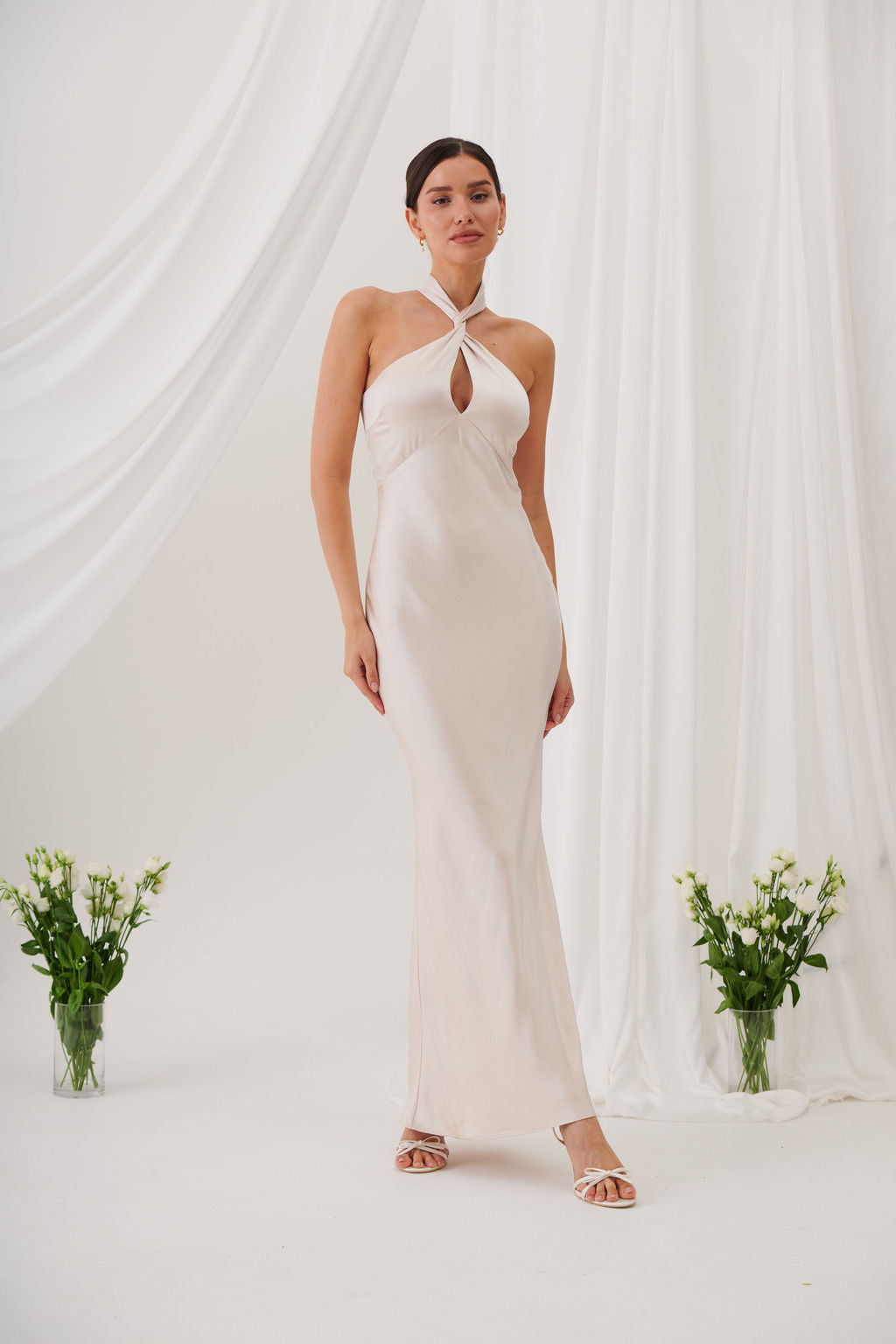 Jessica Halter Neck Keyhole Satin Maxi Dress - Champagne