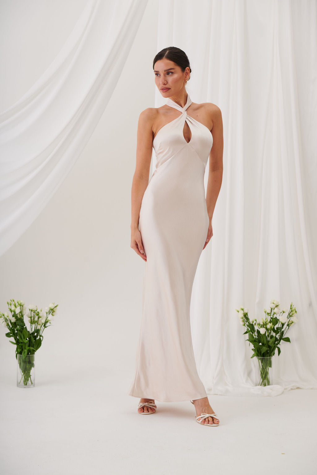 Jessica Halter Neck Keyhole Satin Maxi Dress - Champagne