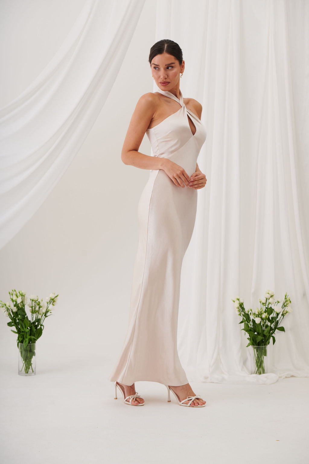 Jessica Halter Neck Keyhole Satin Maxi Dress - Champagne