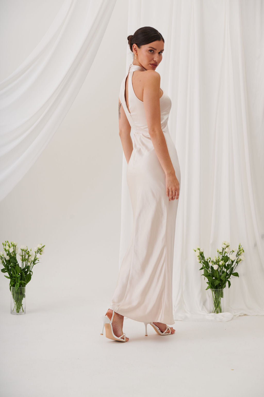 Jessica Halter Neck Keyhole Satin Maxi Dress - Champagne