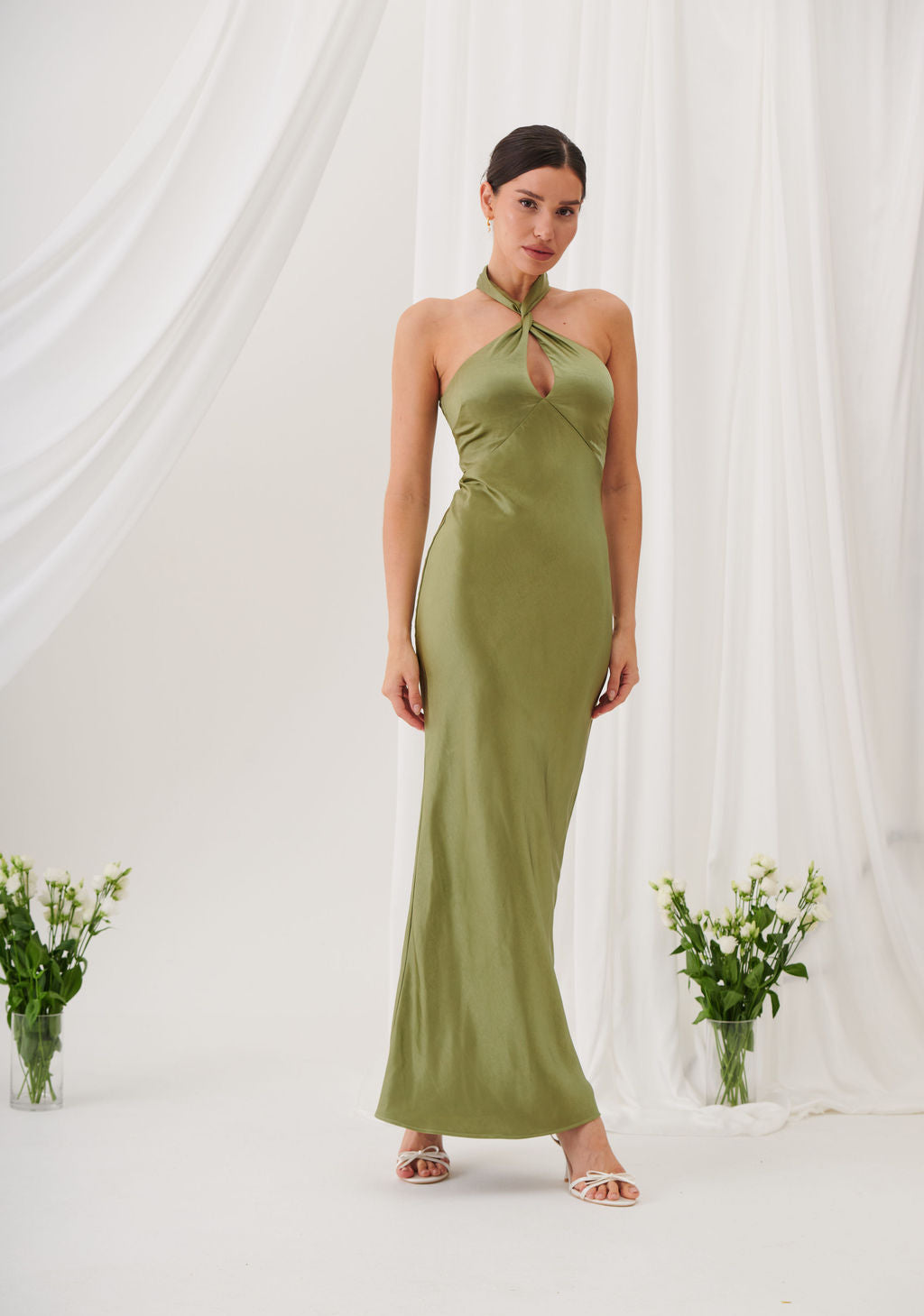 Jessica Halter Neck Keyhole Satin Maxi Dress - Olive