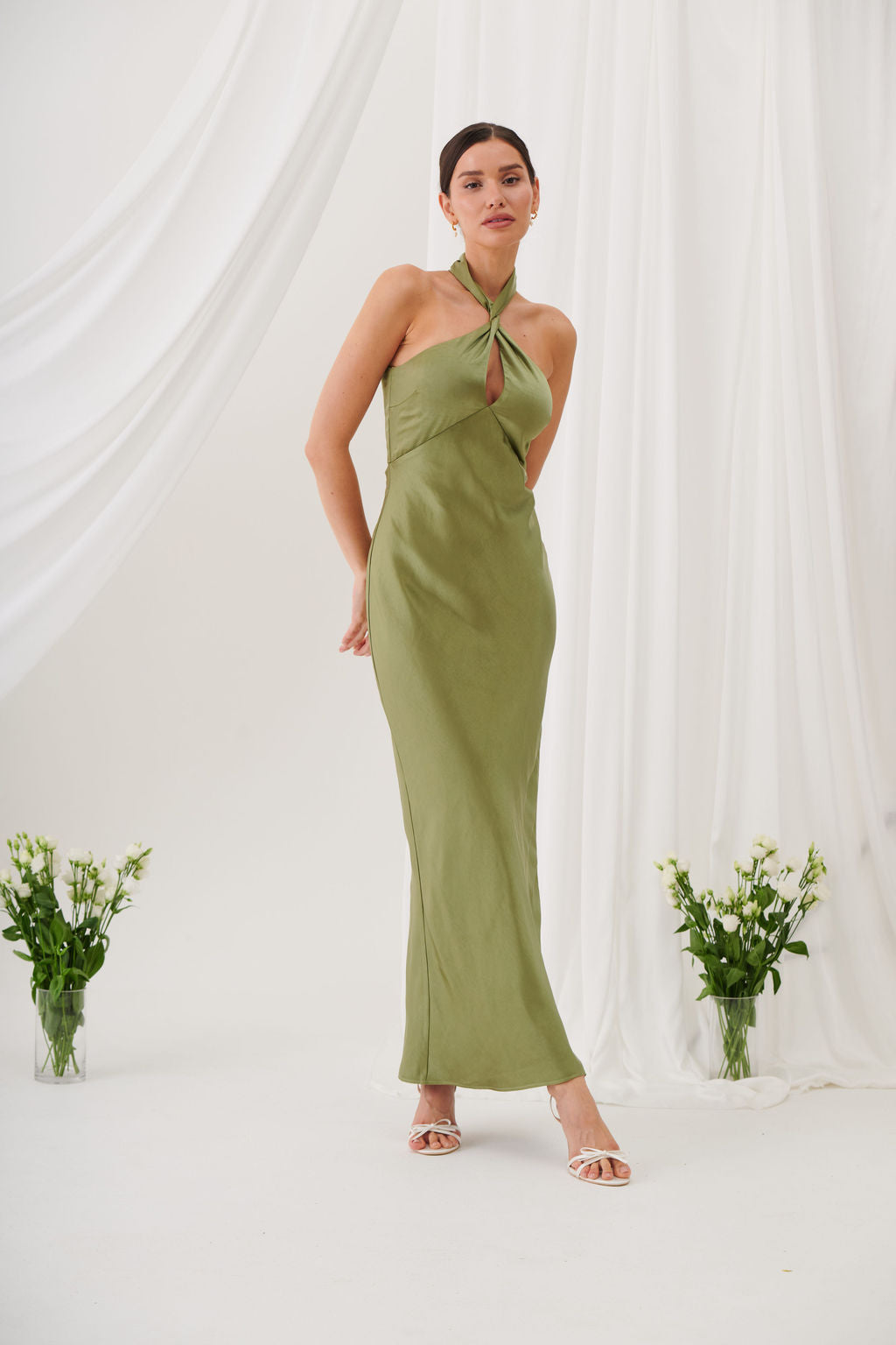 Jessica Halter Neck Keyhole Satin Maxi Dress - Olive