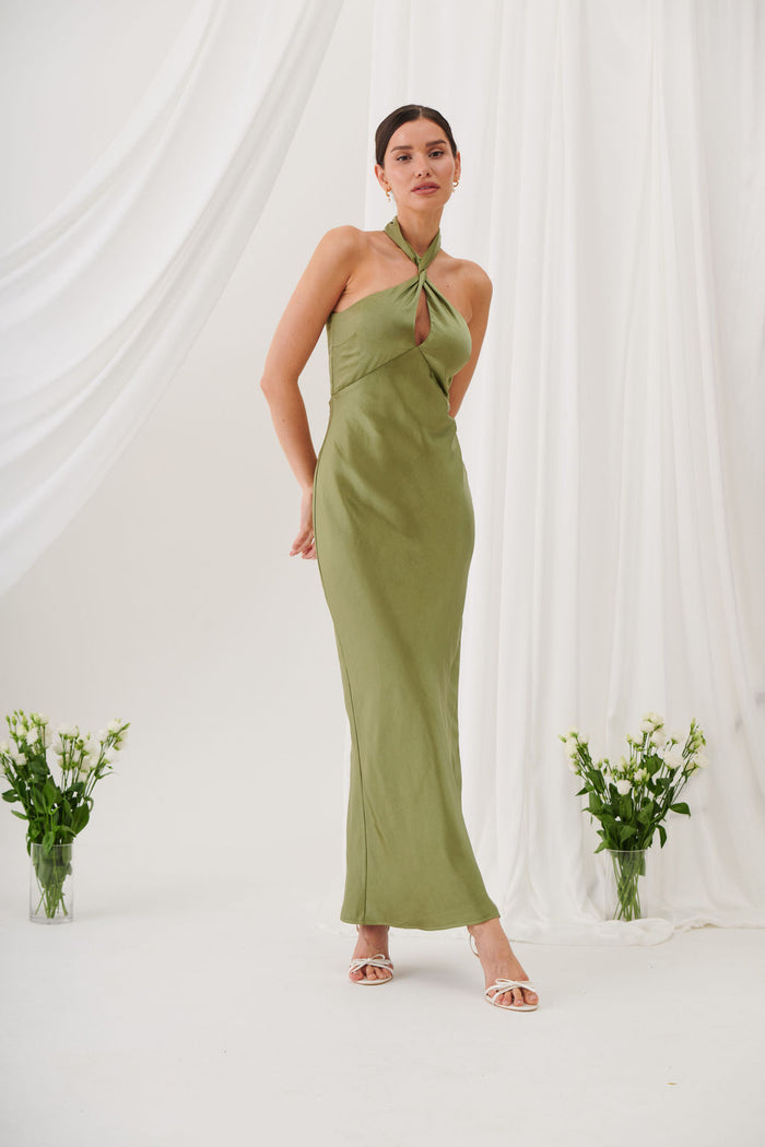 Jessica Halter Neck Keyhole Satin Maxi Dress - Olive