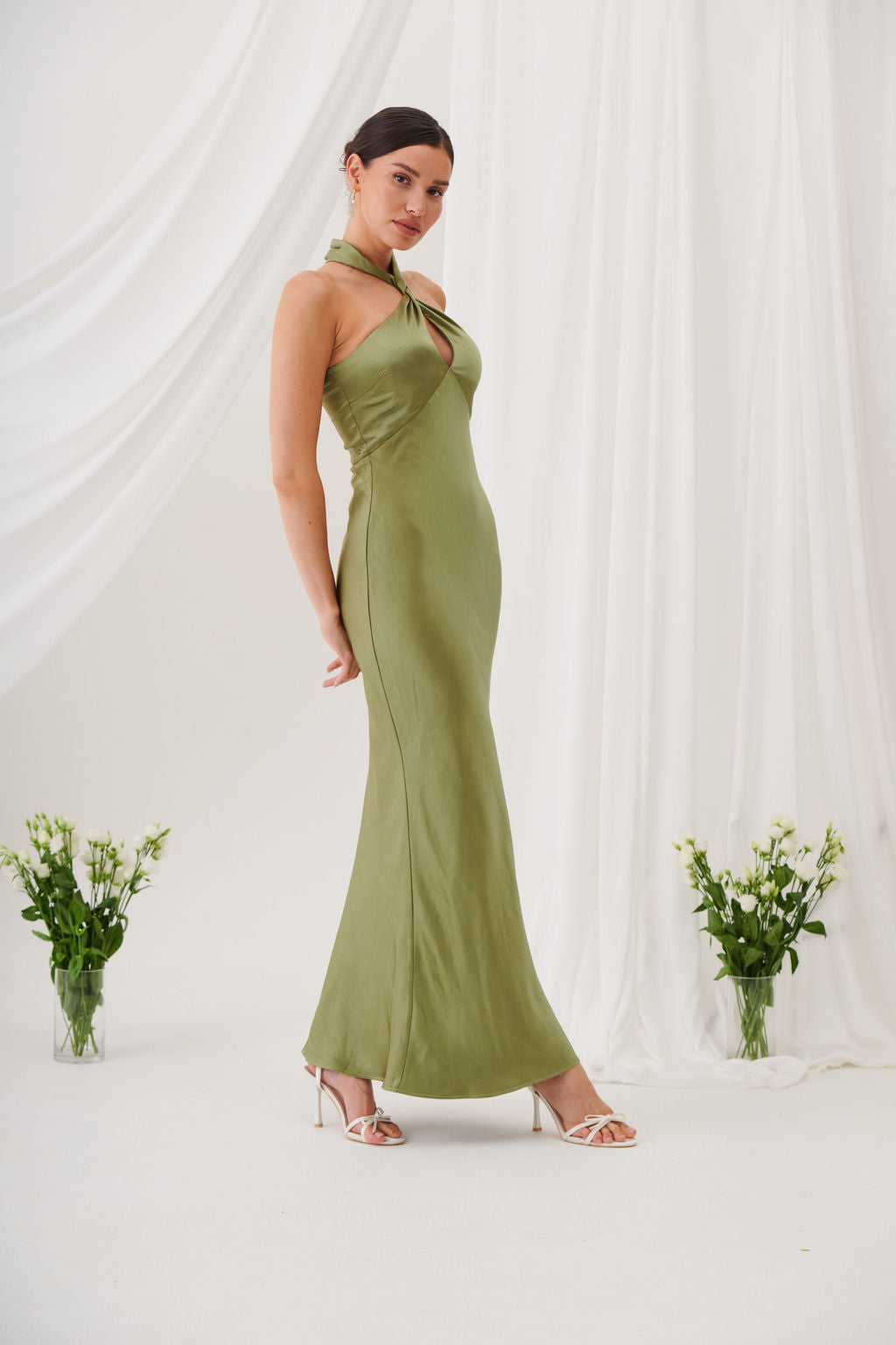Jessica Halter Neck Keyhole Satin Maxi Dress - Olive