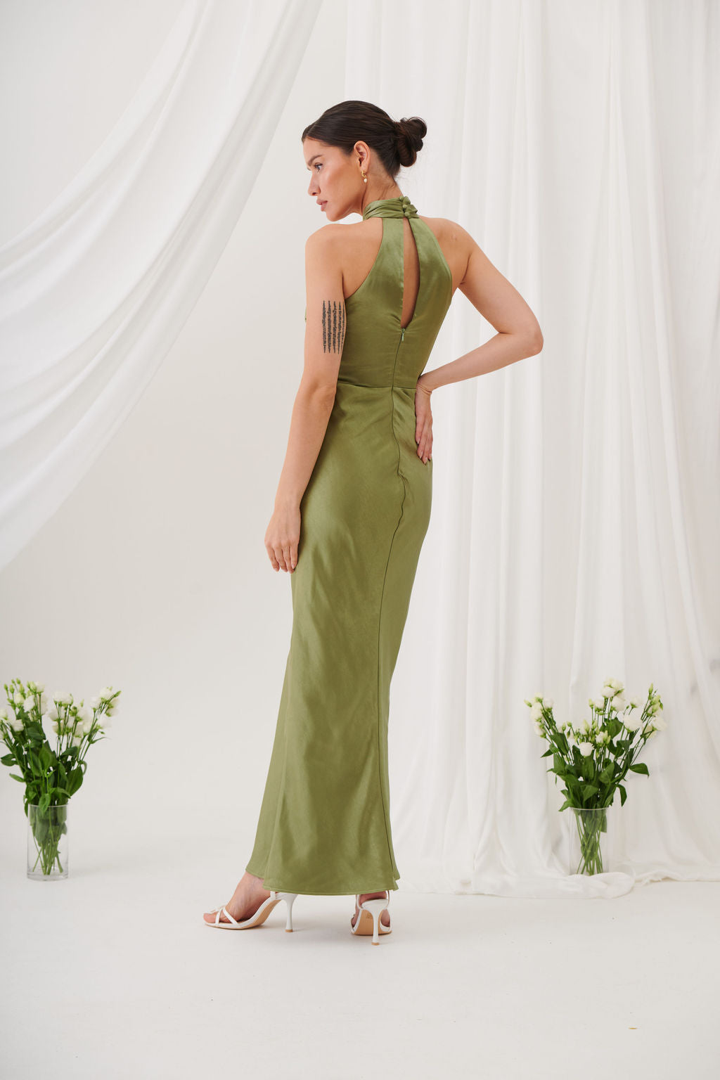 Jessica Halter Neck Keyhole Satin Maxi Dress - Olive