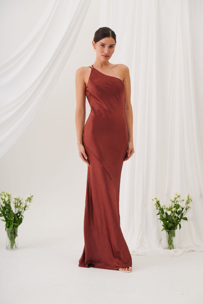 Monica One-Shoulder Satin Bridesmaid Gown - Rust
