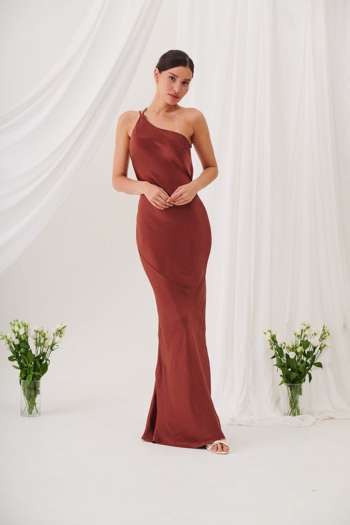 Monica One-Shoulder Satin Bridesmaid Gown - Rust