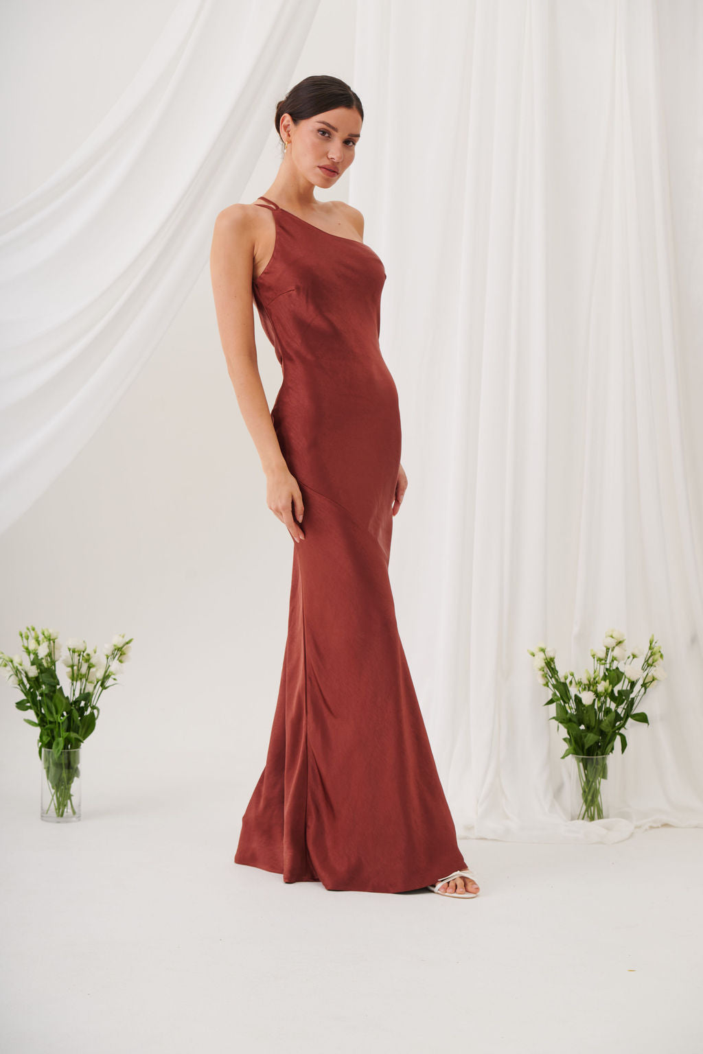 Monica One-Shoulder Satin Bridesmaid Gown - Rust