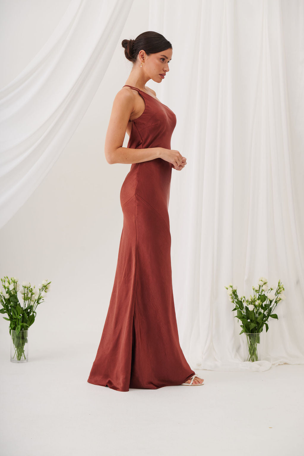 Monica One-Shoulder Satin Bridesmaid Gown - Rust