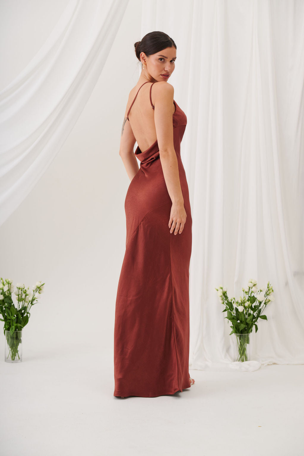 Monica One-Shoulder Satin Bridesmaid Gown - Rust