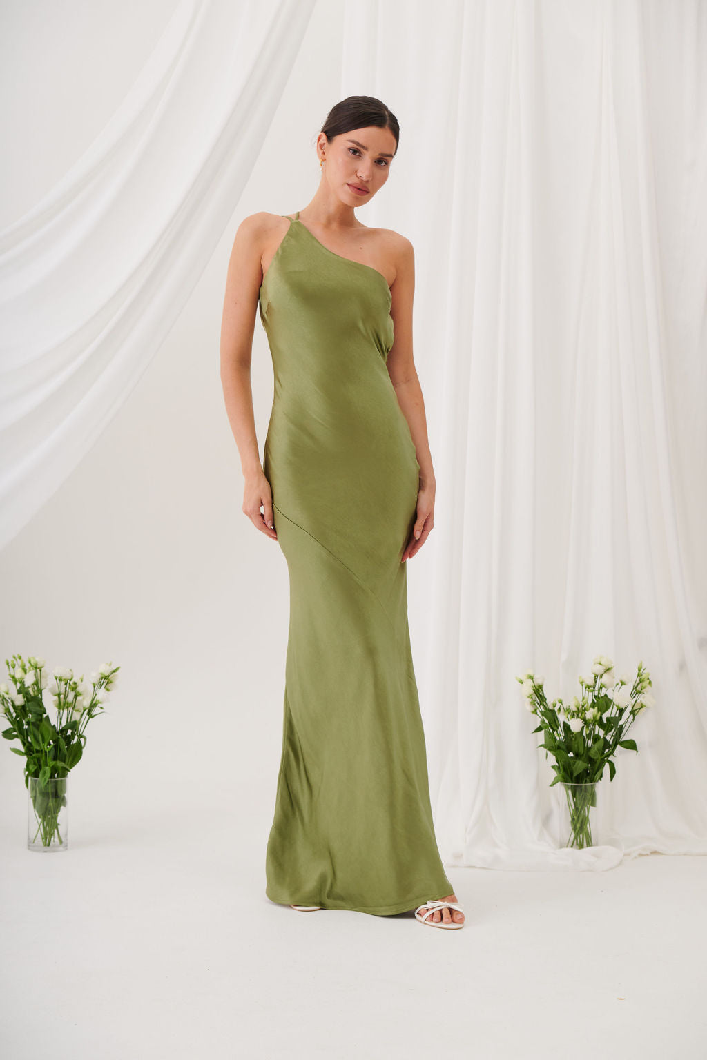 Monica One-Shoulder Satin Bridesmaid Gown - Olive Green