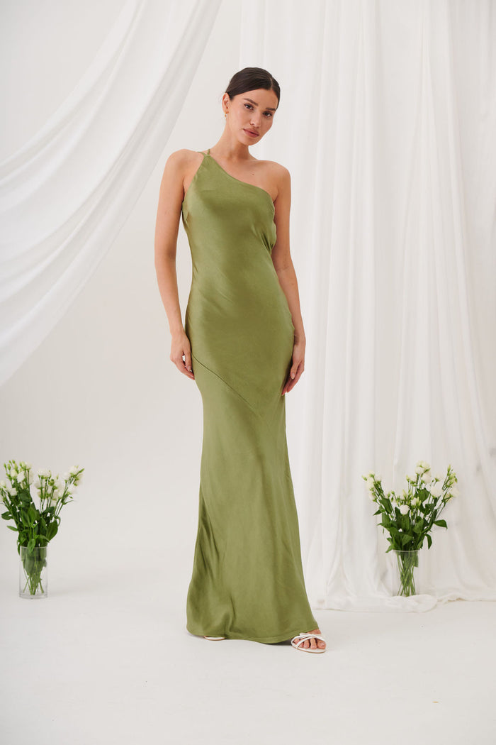 Monica One-Shoulder Satin Bridesmaid Gown - Olive Green