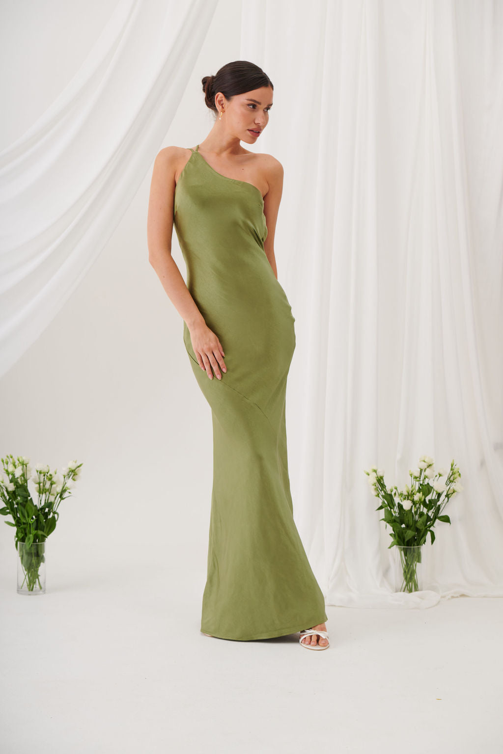 Monica One-Shoulder Satin Bridesmaid Gown - Olive Green