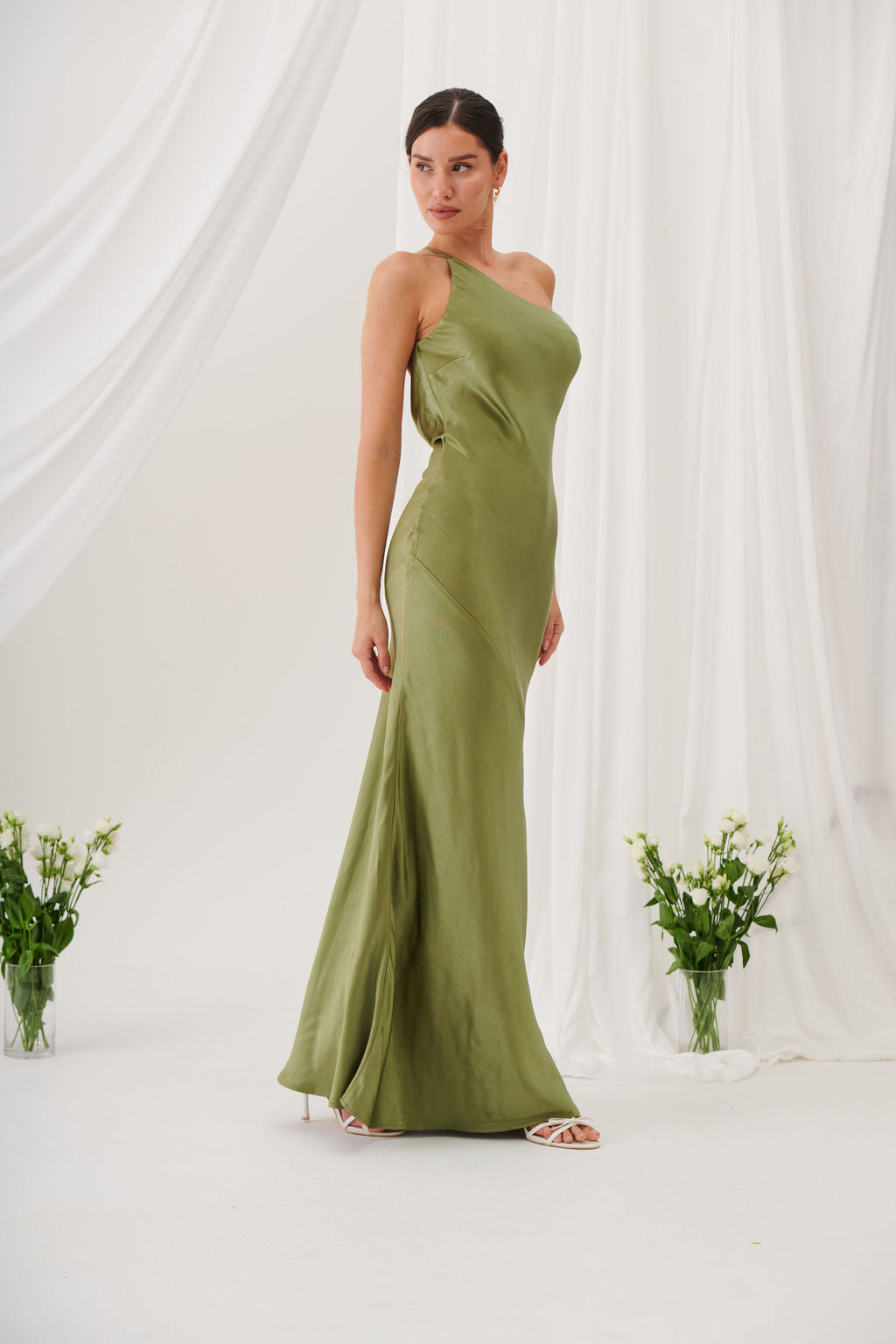Monica One-Shoulder Satin Bridesmaid Gown - Olive Green