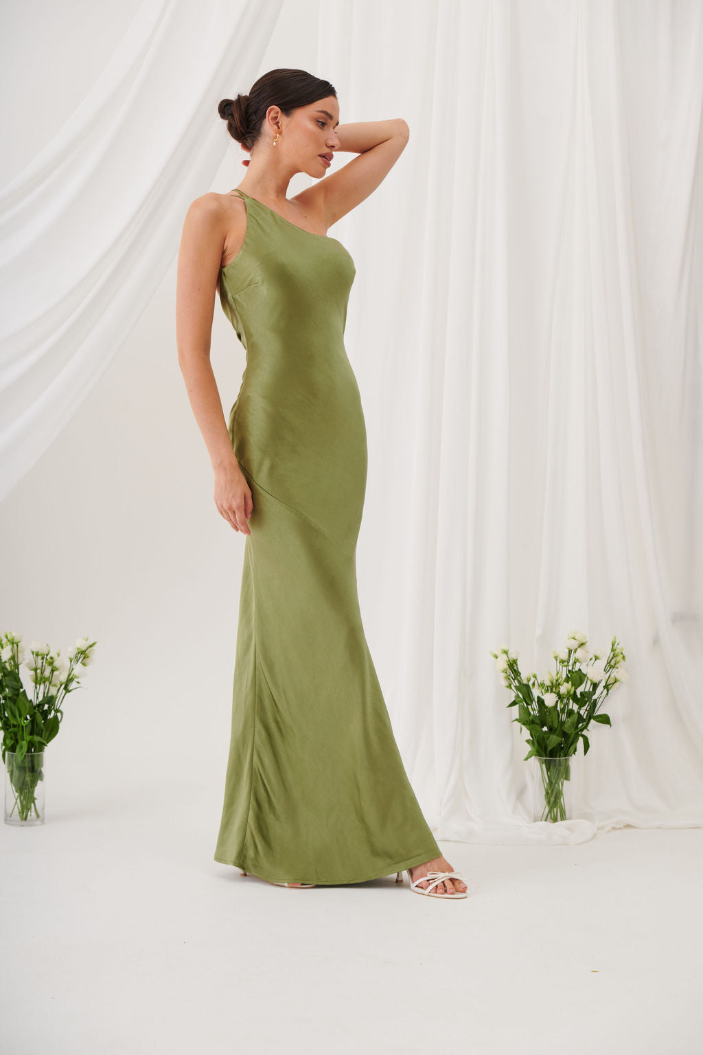 Monica One-Shoulder Satin Bridesmaid Gown - Olive Green