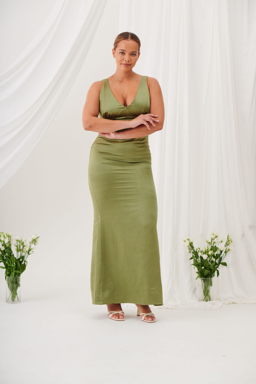 Sienna V-Neck Satin Maxi Dress –Olive Green