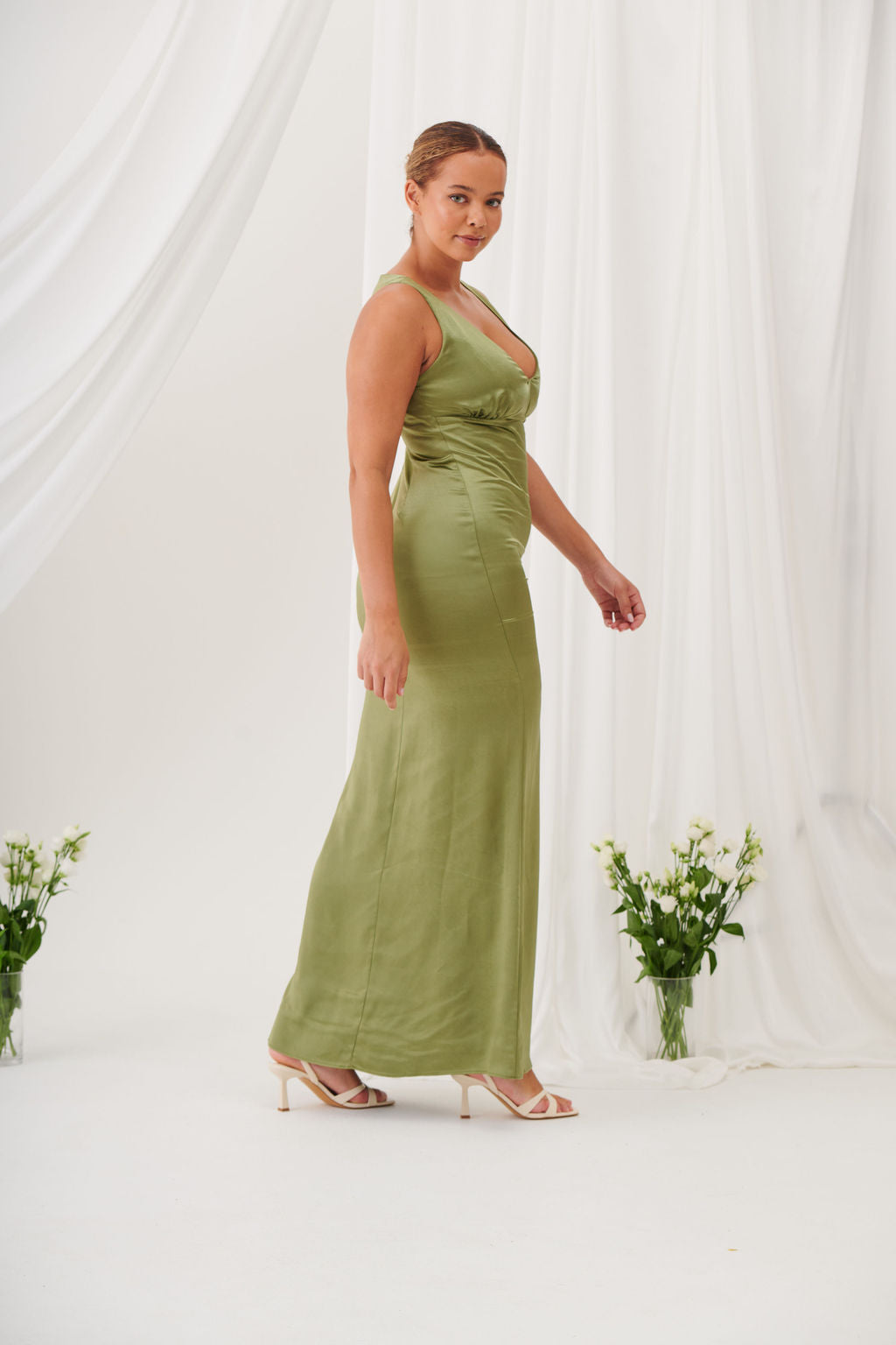 Sienna V-Neck Satin Maxi Dress –Olive Green