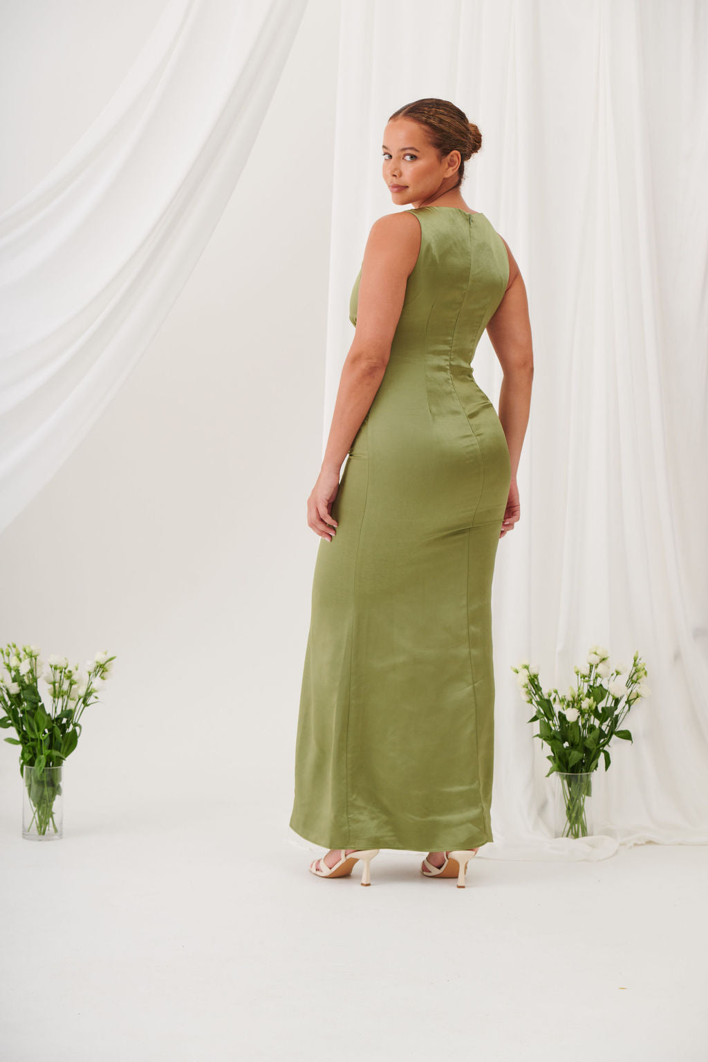 Sienna V-Neck Satin Maxi Dress –Olive Green