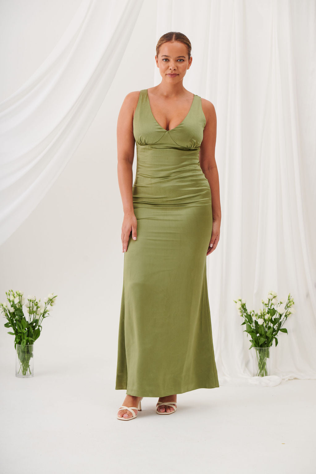 Sienna V-Neck Satin Maxi Dress –Olive Green