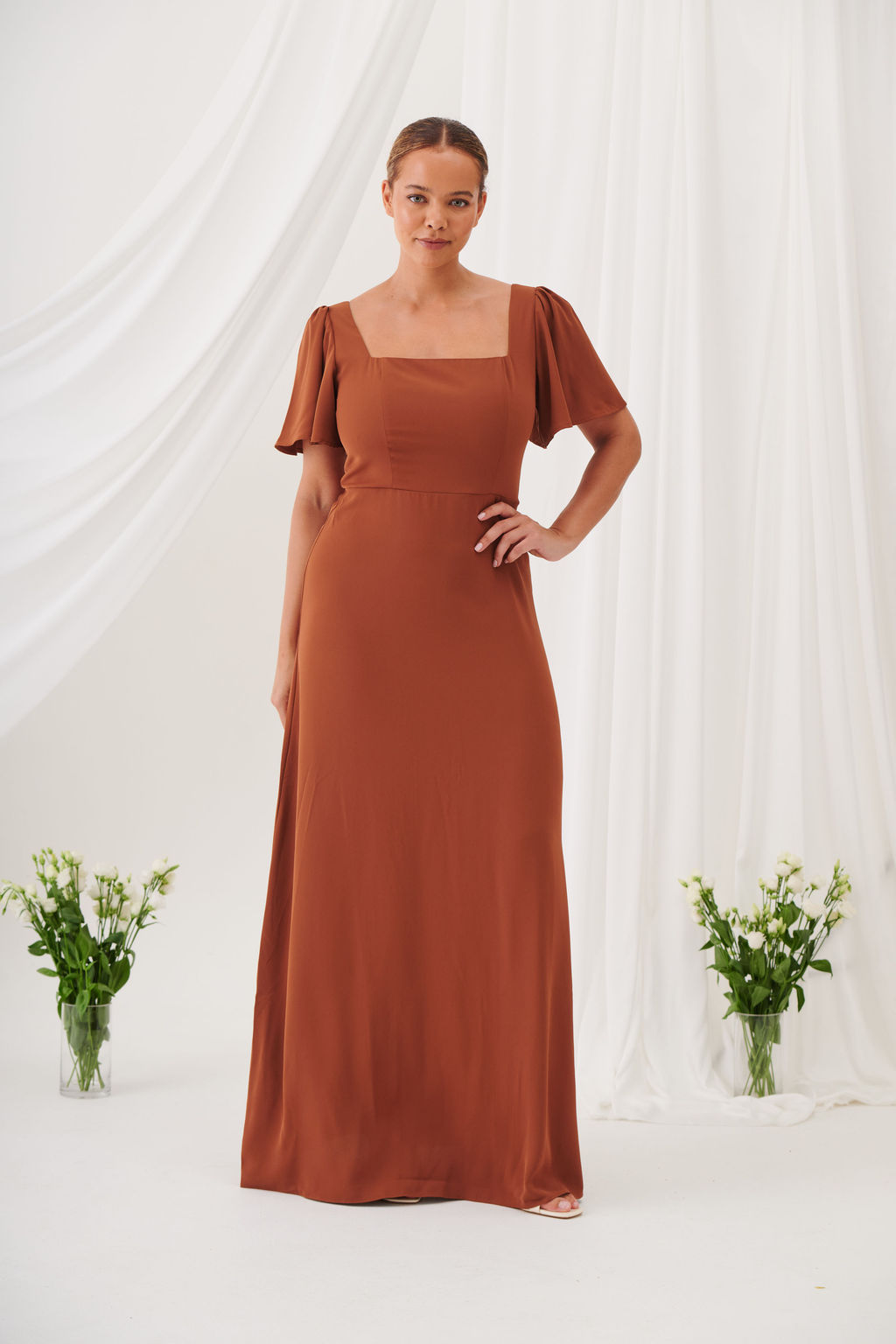 Charlotte Square Neck Flutter Sleeve Maxi Dress  - Rust