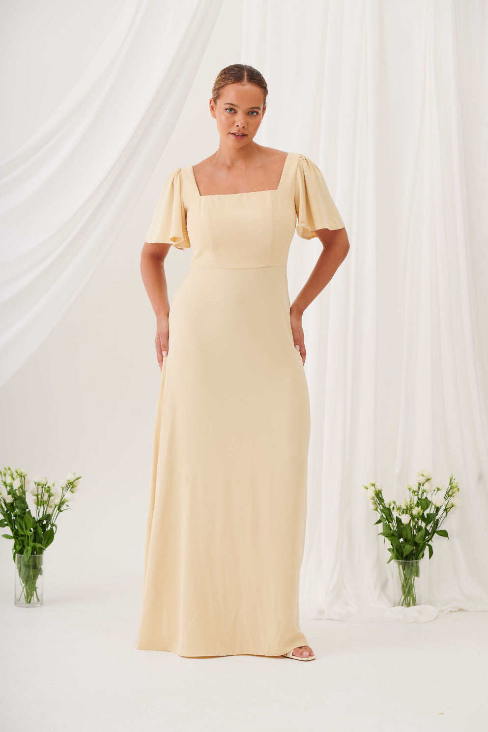 Charlotte Square Neck Flutter Sleeve Maxi Dress  - Butter Yellow