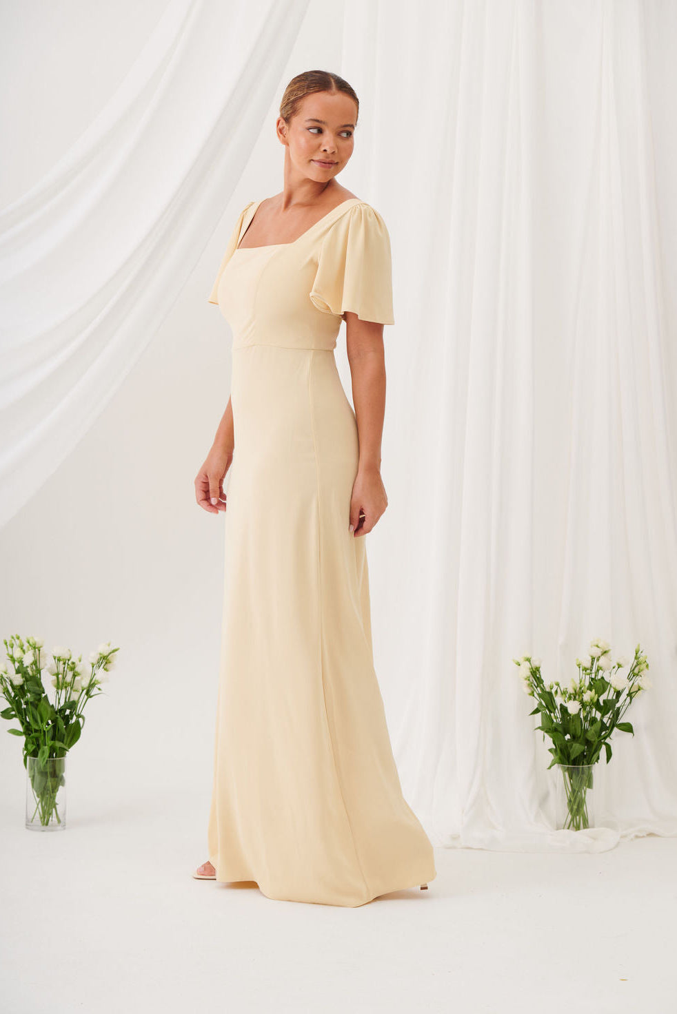 Charlotte Square Neck Flutter Sleeve Maxi Dress  - Butter Yellow