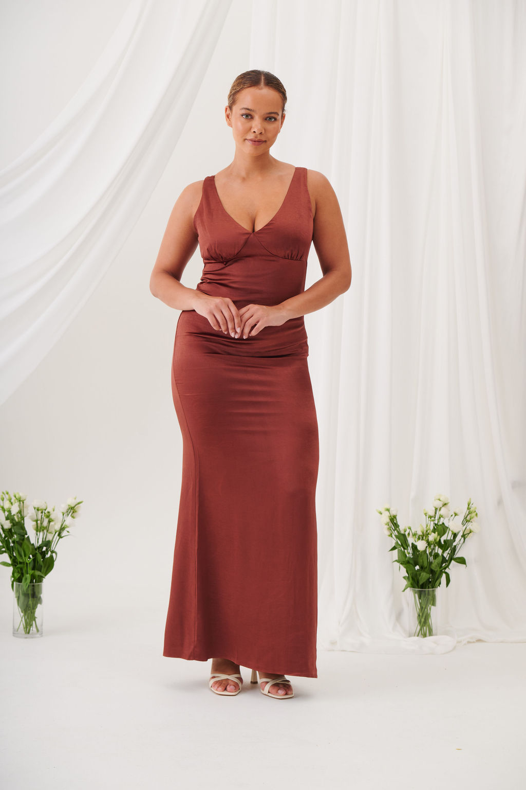 Sienna V-Neck Satin Maxi Dress – Rust
