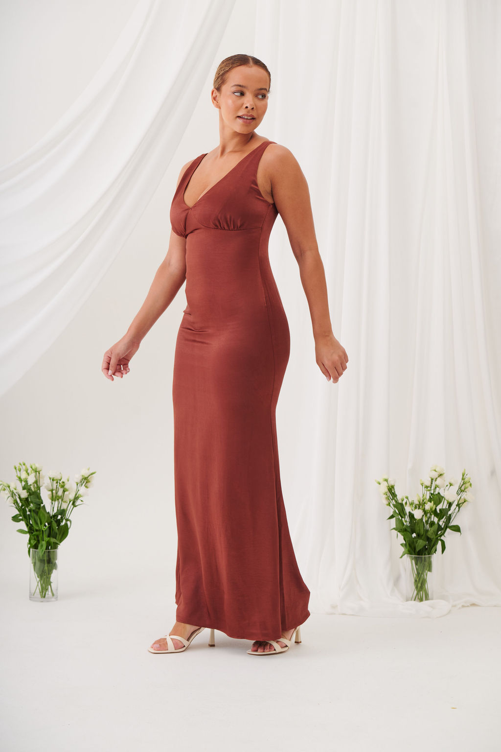 Sienna V-Neck Satin Maxi Dress – Rust